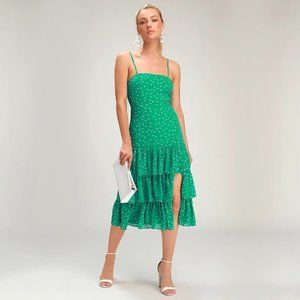 Lulu's Nellie Green Polka Dot Ruffled Midi Dress